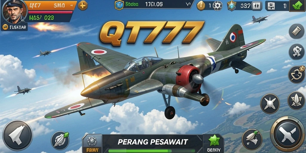 Antarmuka QT777 menampilkan pesawat terbang yang siap tempur di langit.