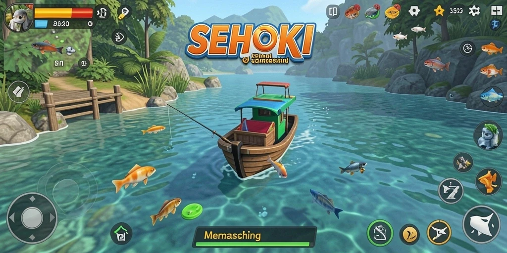 Antarmuka utama SEHOKI menampilkan lokasi memancing yang indah.